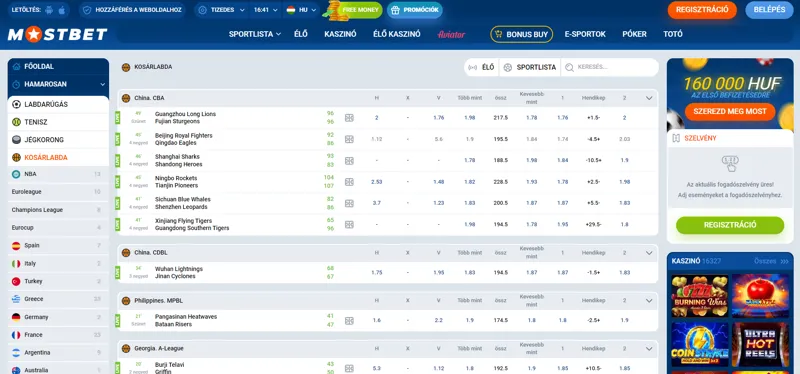 Mostbet kosárlabda mérkőzések listája